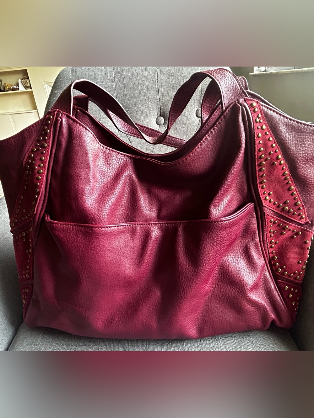 Women’s Large Stud-Trim Tote Bag - Burgundy 20x12” with 10” strap